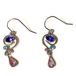 M4M Silver Tone, Purple & Turquoise Crystal Dangling Earrings